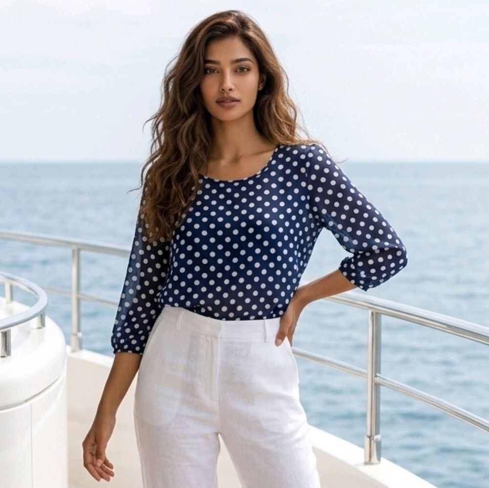 Anthro Paper Crane Navy Polka Dot Chiffon Blouse Button Back Small Effortless
